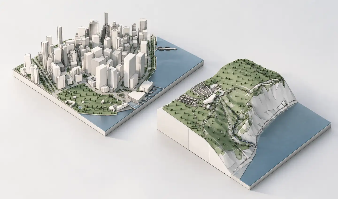 Two minimalist architectural 3D site models showing dense urban blocks and steep coastal terrain