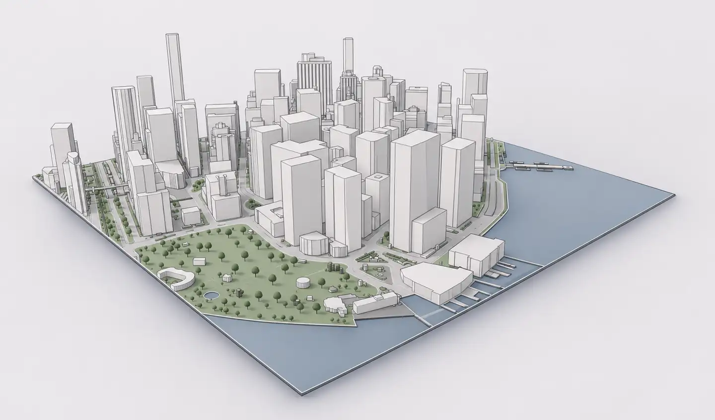 Axonometric 3D architectural city model with surrounding buildings, roads, parks and harbor