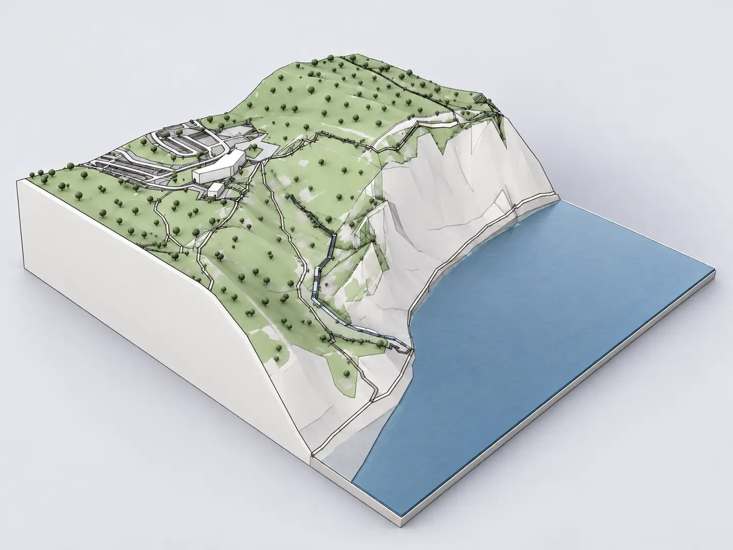 Minimal architectural 3D coastal terrain model with steep topography, trees, paths and sea